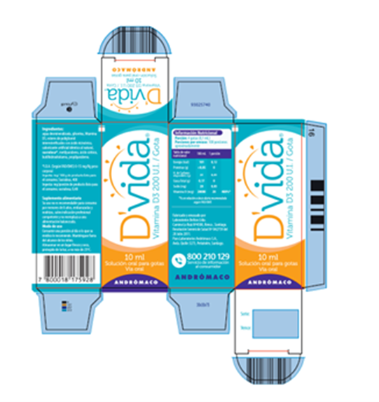 Laboratorios Andrómaco S.A., suplemento alimentario D vida vitamina D3 200 UI/gota, 10 ml, años 2021 - 2023. Laboratorios Andrómaco S.A., suplemento alimentario D vida vitamina D3 200 UI/gota, 10 ml, años 2021 - 2023.