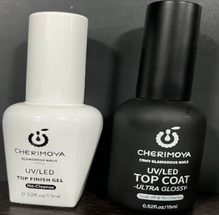 Esmaltes de uñas marca CHERIMOYA, líneas TOP GLOSSY y TOP FINISH GEL, año 2025.