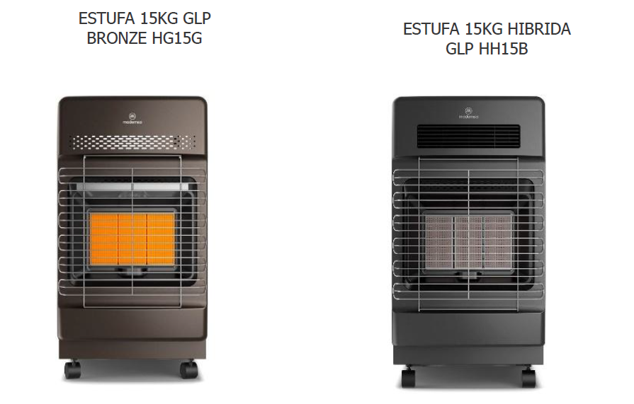 Estufa 15KG GLP BRONZE HG15G (izquierda) y Estufa 15KG HIBRIDA GLP HH15B (derecha). Estufa 15KG GLP BRONZE HG15G (izquierda) y Estufa 15KG HIBRIDA GLP HH15B (derecha).
